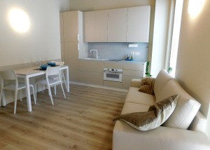 Zona Giorno L2, dotata di cucina con fornello a induzione, divano e tavolo. La cucina è completamente accessoriata e dotata degli elettrodomestici base: frigorifero, fornomicroonde.